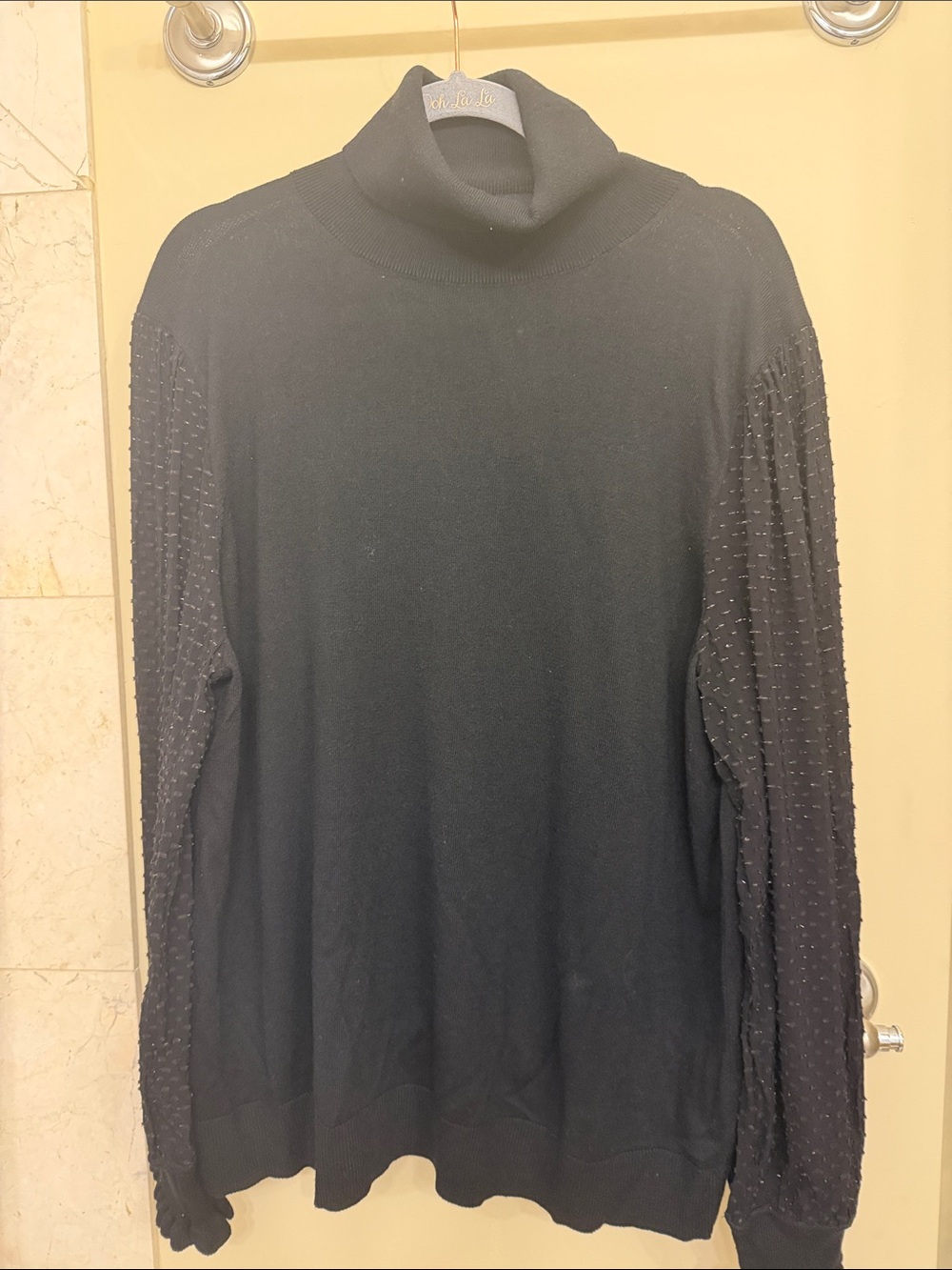 LOFT Black Turtleneck Sweater with Textured Dot Sleeves